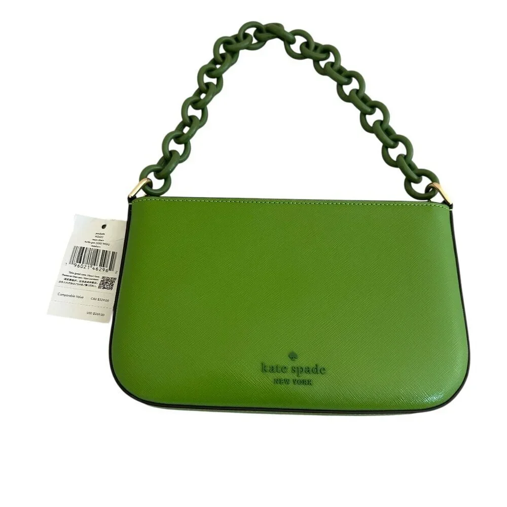Kate Spade Madison Saffiano Pochette Bag + Card Holder Resin Chain Turtle Green